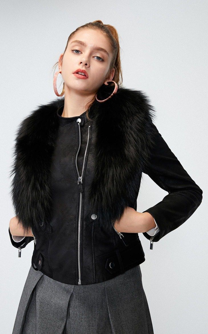 vero moda2019冬季新款狐毛领装饰爆裂纹羊皮革皮衣女|319428505