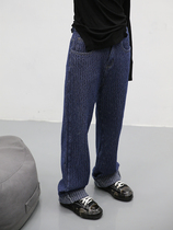 Beautiful FUZZYKON autumn and winter thick dark blue retro wide legs three-dimensional jacquard texture loose jeans