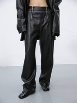 FUZZYKON double zipper loose straight leather pants black Brown