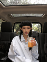 Beauty FUZZYKON pure elementary school girl autumn light blue loose shirt