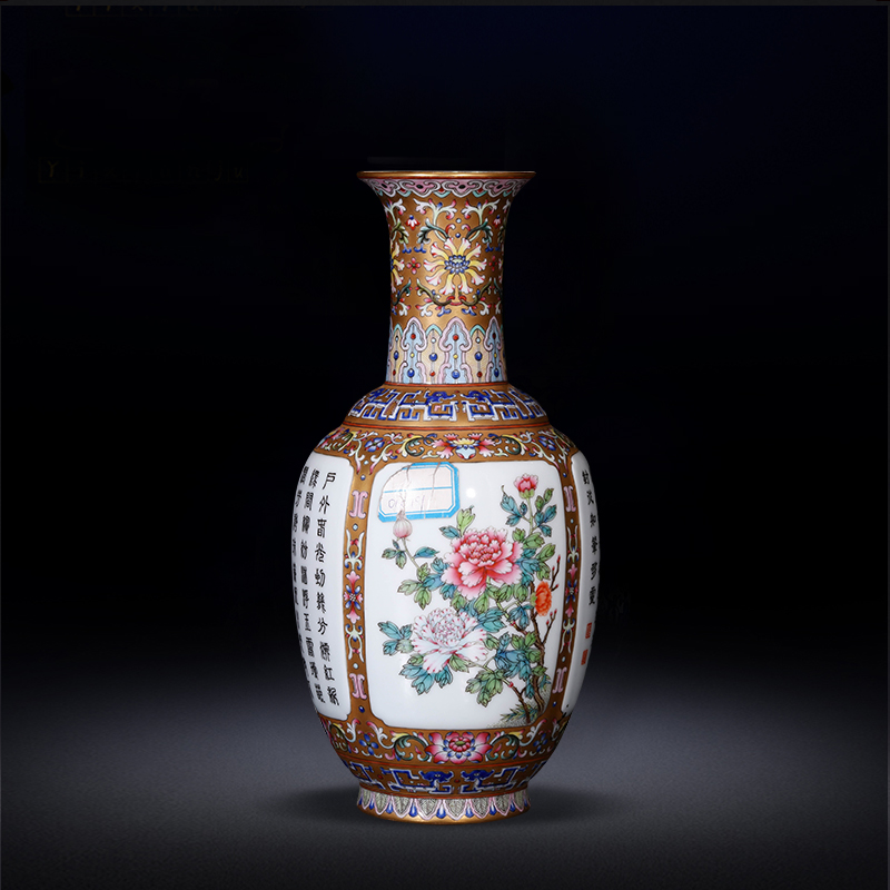 Master jia lage jingdezhen ceramics YangShiQi antique hand - made famille rose gold base medallion lotus poem vase