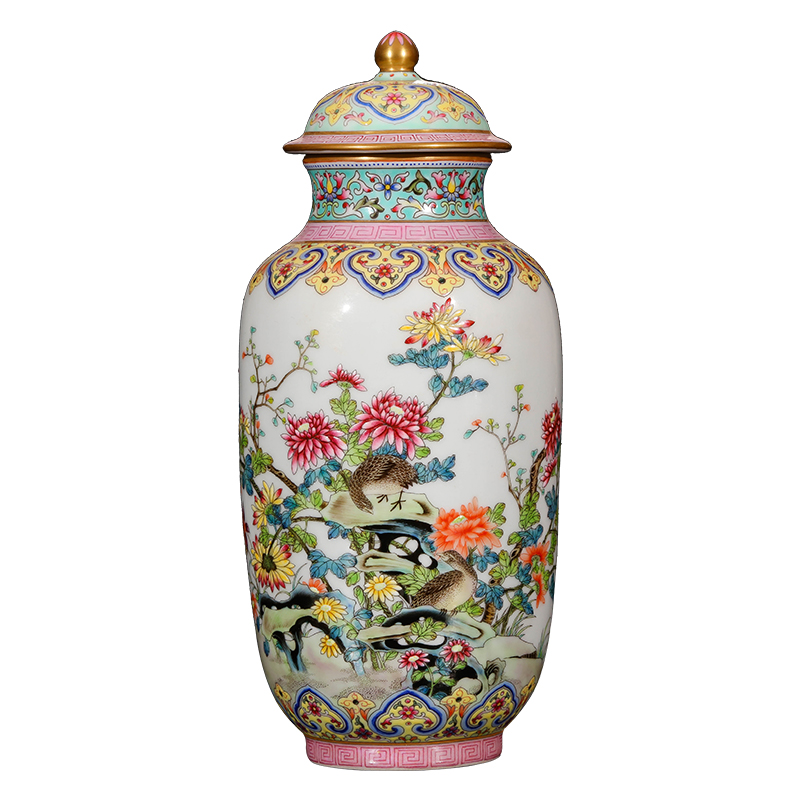 Yang Shiqi palace ceramic painting of flowers and cover pot and name