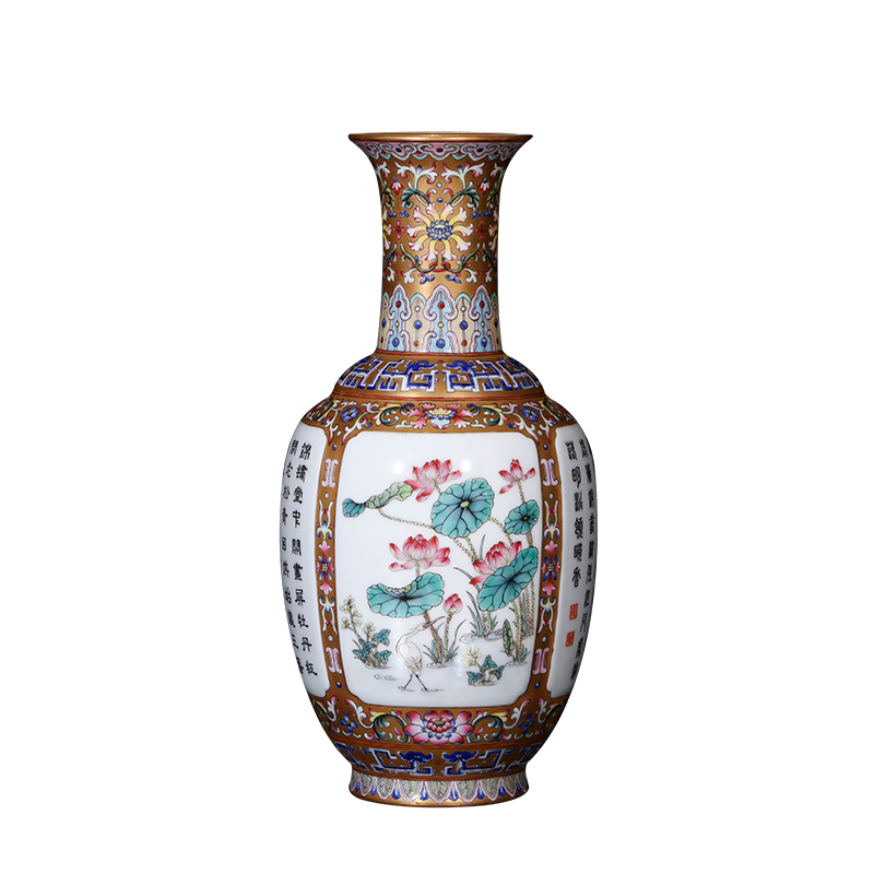 Master jia lage jingdezhen ceramics YangShiQi antique hand - made famille rose gold base medallion lotus poem vase