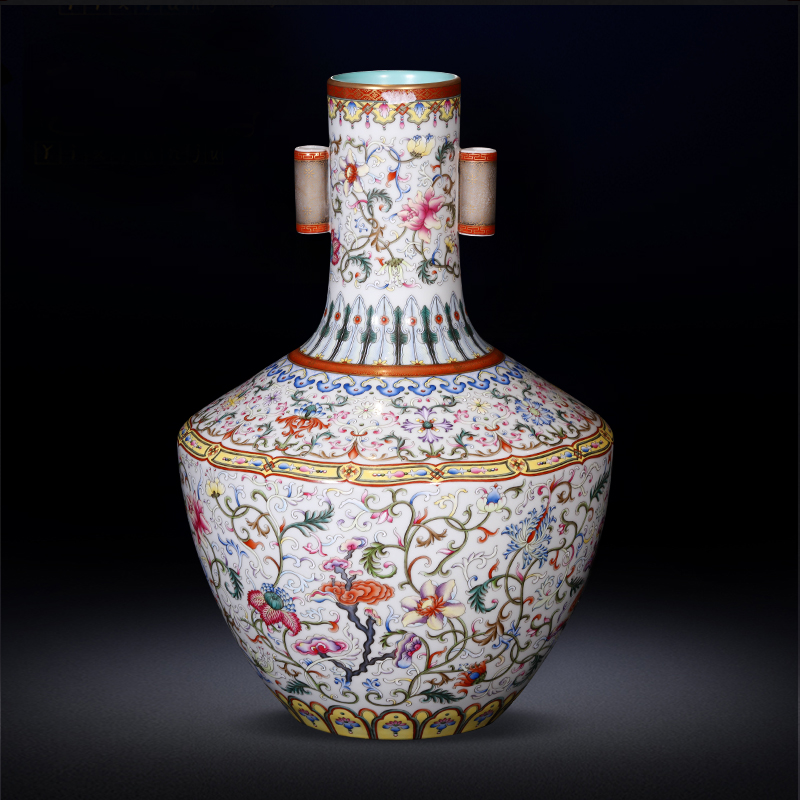 Master jia lage jingdezhen ceramics YangShiQi antique hand - made pastel lotus flower grain penetration ears vase