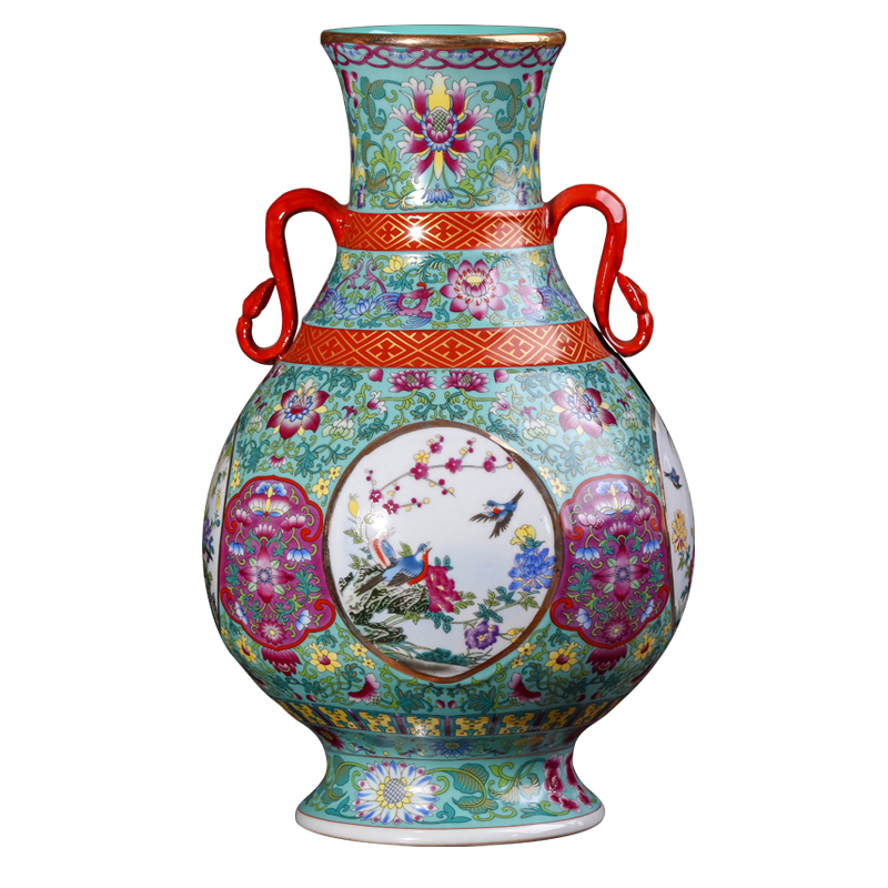 Jingdezhen ceramics vase imitation the qing qianlong antique ears zun pastel dress of flowers and birds do old porcelain furnishing articles in all directions