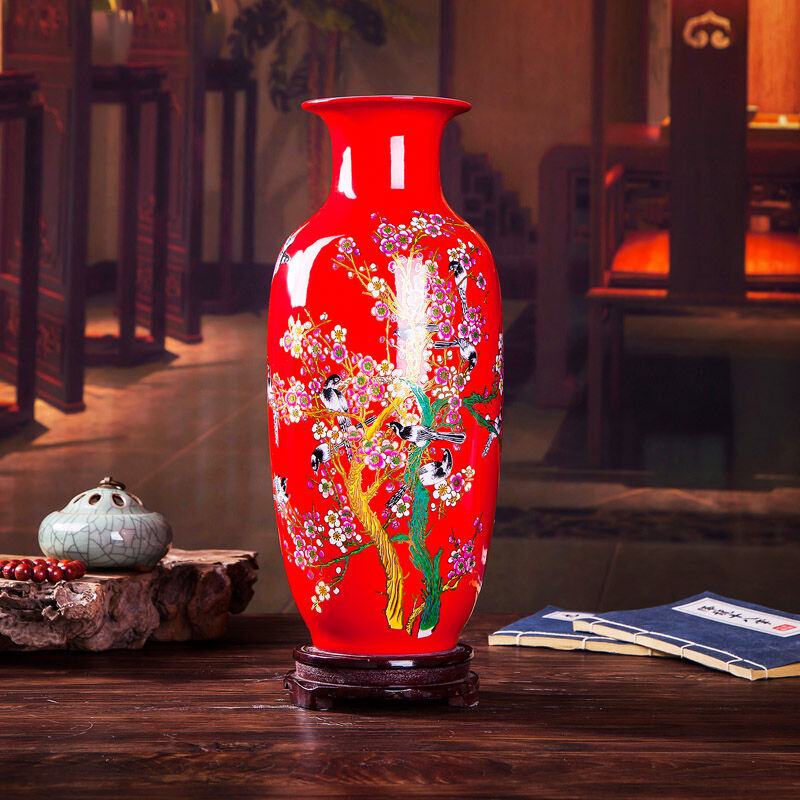 Jingdezhen ceramics blooming flowers red vase peony bottle home living room decoration handicraft furnishing articles