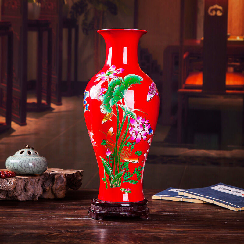 Jingdezhen ceramics blooming flowers red vase peony bottle home living room decoration handicraft furnishing articles