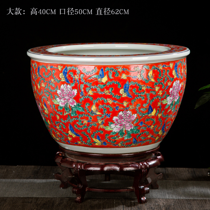 Jingdezhen antique hand - made ceramic powder enamel cylinder tank koi cylinder Chinese style living room a study place feng shui to plant trees