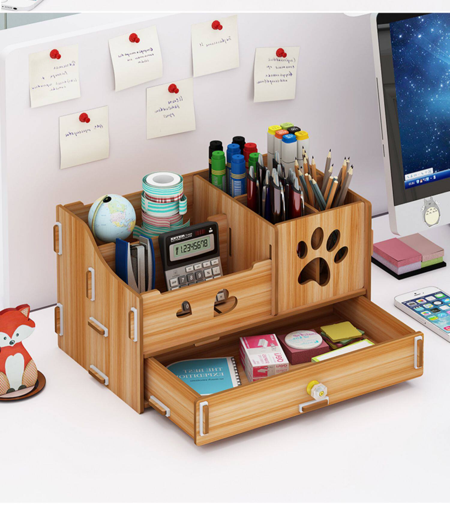 办公用品_遥控器清新收纳盒桌面小笔筒木制笔架办公多功能学生用 - 阿