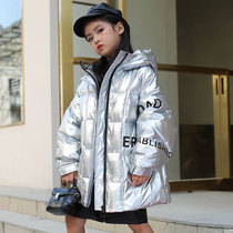 Girl bright face down jacket 90 white duck suede CUHK Childrens Han version Medium Long style Loose Warm Coat Tide