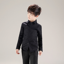 Boys' Shirt 2021 New Black Long Sleeve Standing Neck Middle and Large Kids Casual Cotton Shirt Kids Showwear