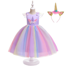 2022 new unicorn cartoon gown flying sleeves Rainbow tutu fluffy dress girl Halloween 61 acting out of service