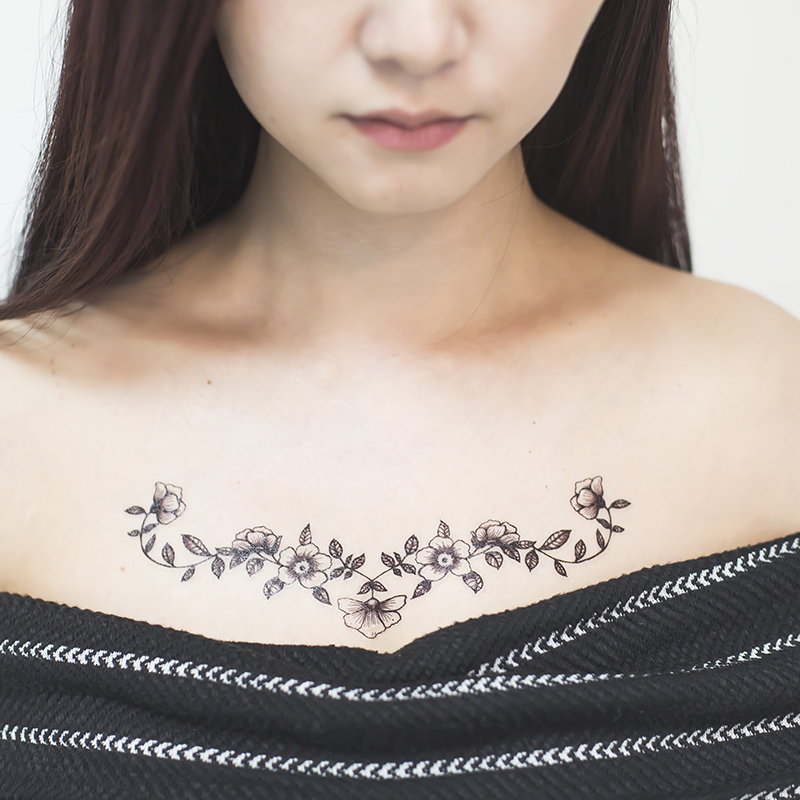 fn原创花藤胸部纹身贴女性感性感后腰黑色腹部遮盖剖腹产疤痕锁骨