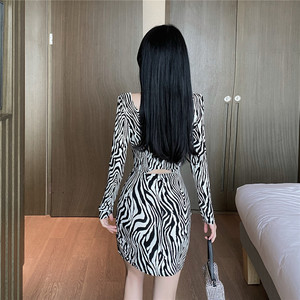 Real shot babyjojo sexy Mustang zebra long sleeve dress square neck slim tight tight hip a skirt