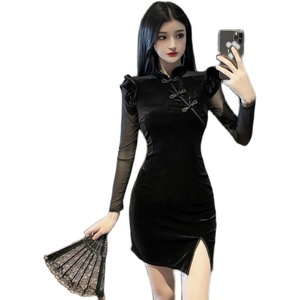 Real shot cheongsam improved slit slim fit mesh velvet dress autumn winter 2020 new long sleeve looks thin