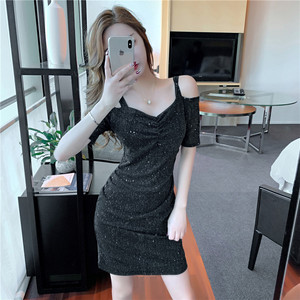 Korean version of chic soft sexy tight package hip mesh halter dress off shoulder dress