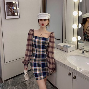 Photo No. Plaid square neck long sleeve cotton linen dress women 2020 New Style Lantern Sleeve waisted plaid skirt A-lin