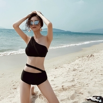 Net red in pure wind high waist single shoulder partition bikini sexy hollow binding with obvious lean hot spring conservative swimsuit