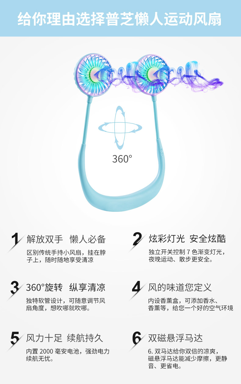 给你理由选择普芝懒人运动风扇(火360°1解放双手懒人必备炫采灯光安全炫酷区别传统手持小风扇,挂在脖独立开关控制7色渐变灯光,子上,随时随地享受清凉夜晚运动、散步更安全。3360旋转纵享清凉4风的味道您定义独特软管设计,可随意调节风内设香薰盒,可添加香水、扇角度,想吹哪就吹哪。香薰等,给您一个好的空气环境5风力十足续航持久6双磁悬浮马达内置2000毫安电池,强劲电力6.双马达给你双倍的凉爽续航无忧。磁悬浮马达能减少摩擦,更静音、更省电。-推好价 | 品质生活 精选好价