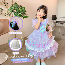 Mermaid Dress Lolita Girls High-end Puff Sleeve Bow Dream Baby Short Sleeve Summer Purple Princess Dress