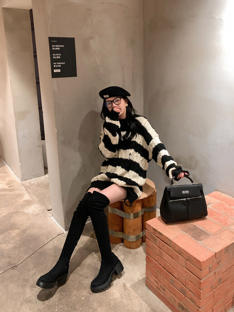 过膝长靴女厚底真皮显瘦高筒超长筒大腿靴子粗跟高跟弹力瘦靴 mm