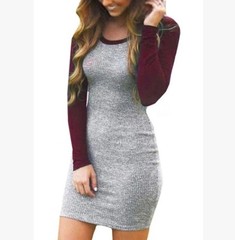 ebay速卖通新款长袖圆领拼色连衣裙