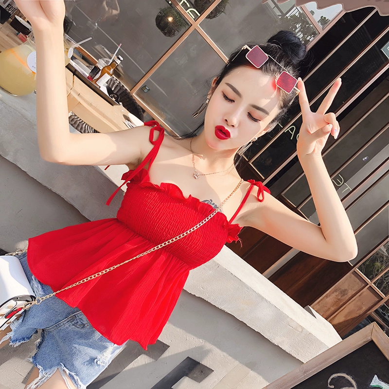 Net người nổi tiếng quần áo neo nữ phát sóng trực tiếp quần áo ăn ảnh hộp đêm sexy tất cả các trận đấu dây đeo áo vest ngắn dây treo đầu mùa hè - Áo ba lỗ