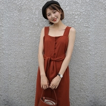 (Produced by Little La Family)Retro white brick red tassel suspender dress