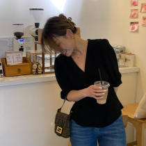 Little La 1937 Classic French rouje style Ice Silk touch black slim top female v neck Half sleeve shirt