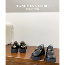 2021 autumn leather thick-soled loafer shoes womens little bee horsebit muffin single shoe British style black small leather shoes