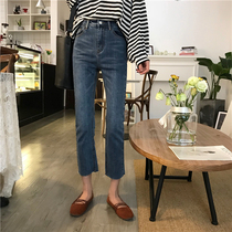2021 Spring loaded pants Fat sister loose straight drum pants big code high waist elastic display slim blue jeans female