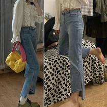 Large size Autumn Pants Children Fat sister mm High waist elastic jeans loose and thin open fork micro-Laurant 90% Pants Tide