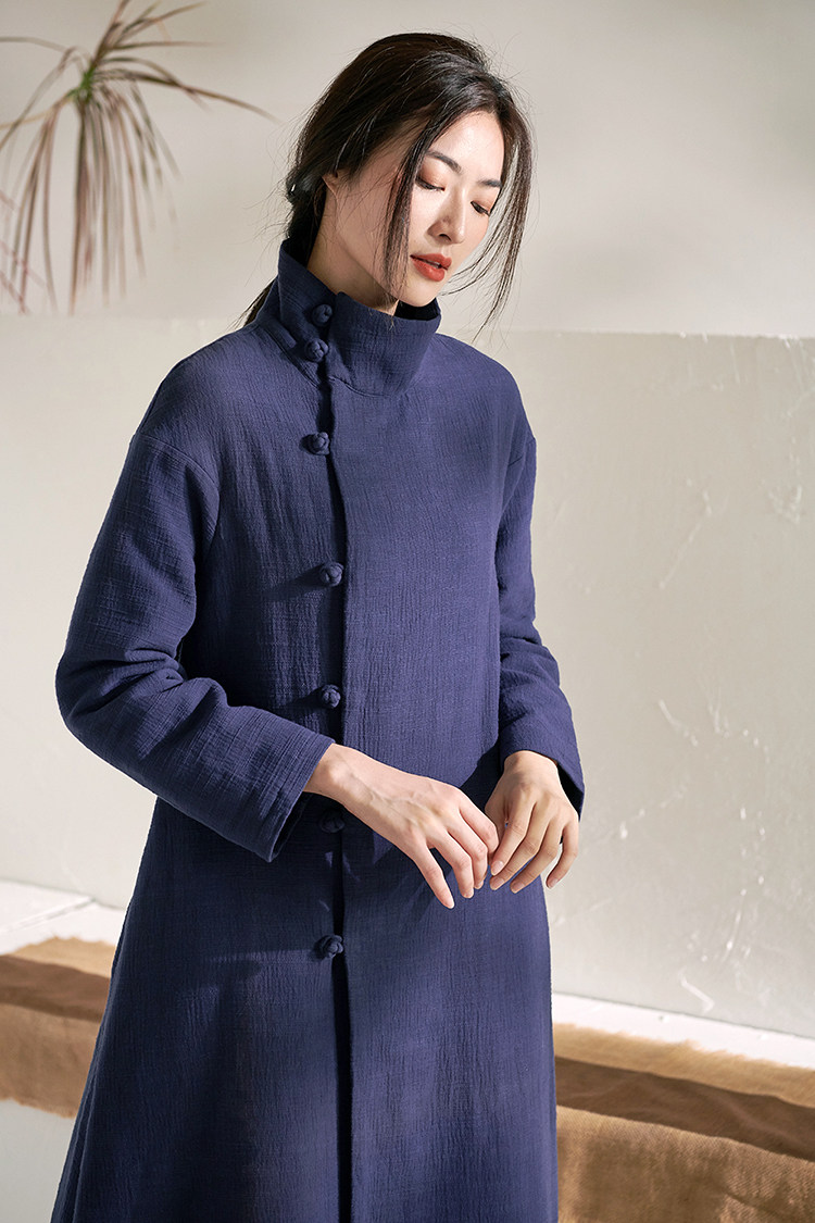 中国风禅意茶服复古棉衣棉麻加绒外套茶艺师服装中式唐装大衣女冬