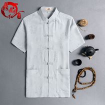 Chinese style mens spring and summer Tang clothing Cotton and linen tops Linen shirts Mens short-sleeved national style Chinese Hanfu tunic