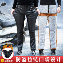 Mens leather pants plus velvet thickened leather pants Mens middle-aged and elderly plus size high-waisted leather pants Motorcycle motorcycle riding leather pants