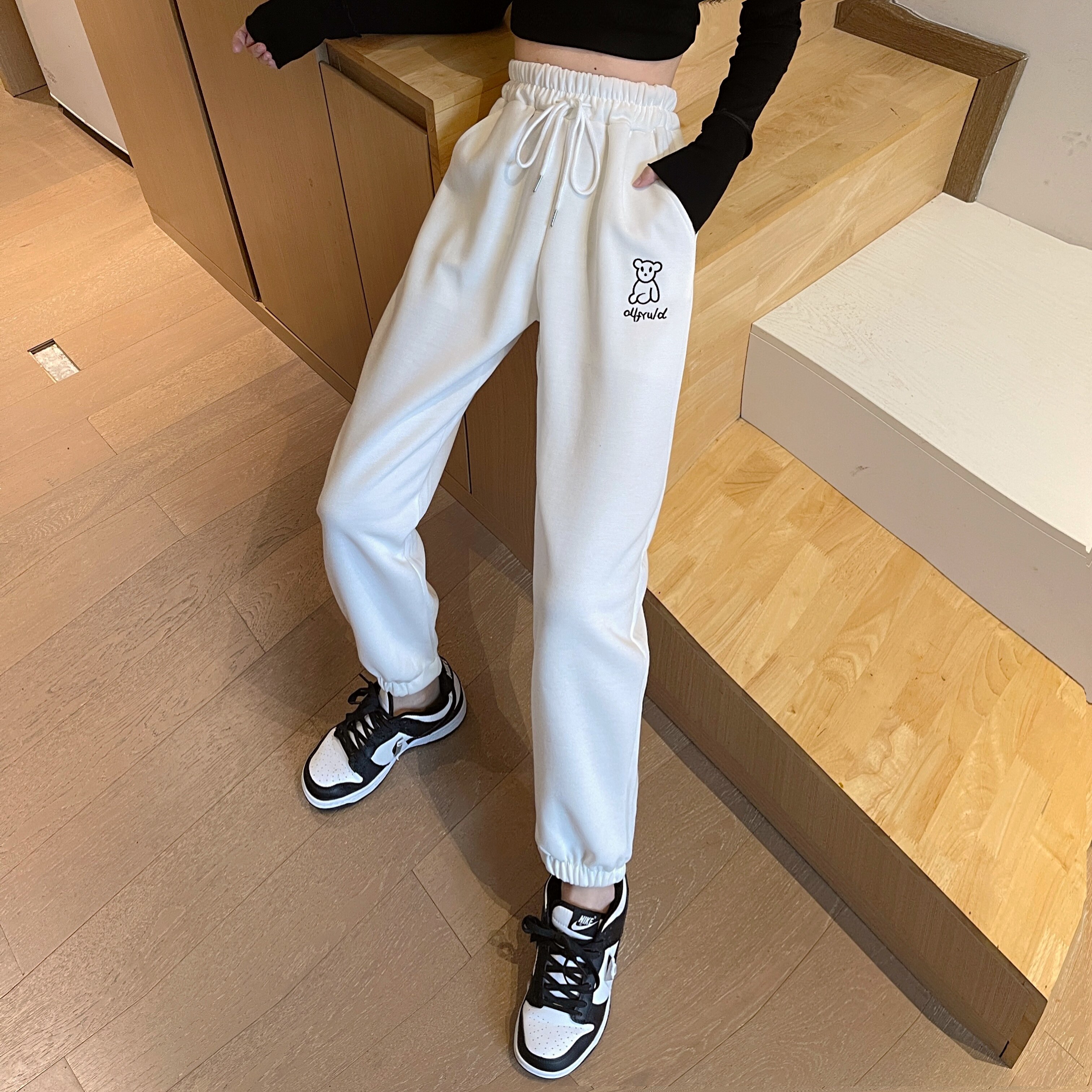 白色运动裤女2022春季新款小个子宽松显瘦潮束脚裤哈伦休闲卫裤子