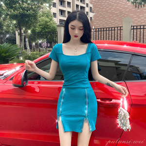 Summer short sleeve square collar waist closing double zipper waist closing sexy show thin buttock dress