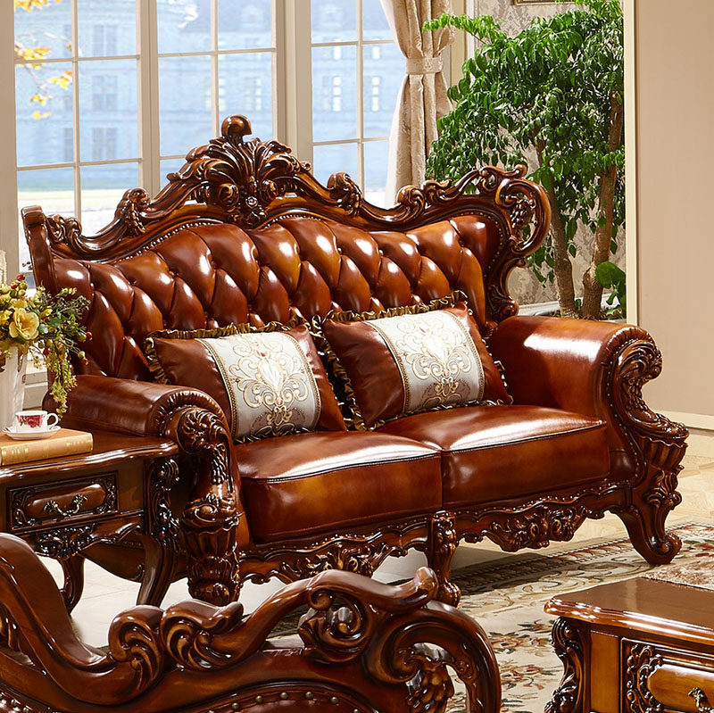 欧式真皮沙发 全实木真皮双面雕花别墅客厅沙发组合123美式家具_7折