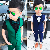 Summer childrens clothing Boy dress two-piece set Childrens 61 performance costume Flower girl suit vest two-piece set