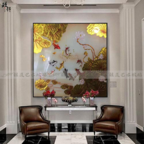 Art glass partition porch TV background wall three-dimensional deep carving gold foil craft Lotus fish carving customization