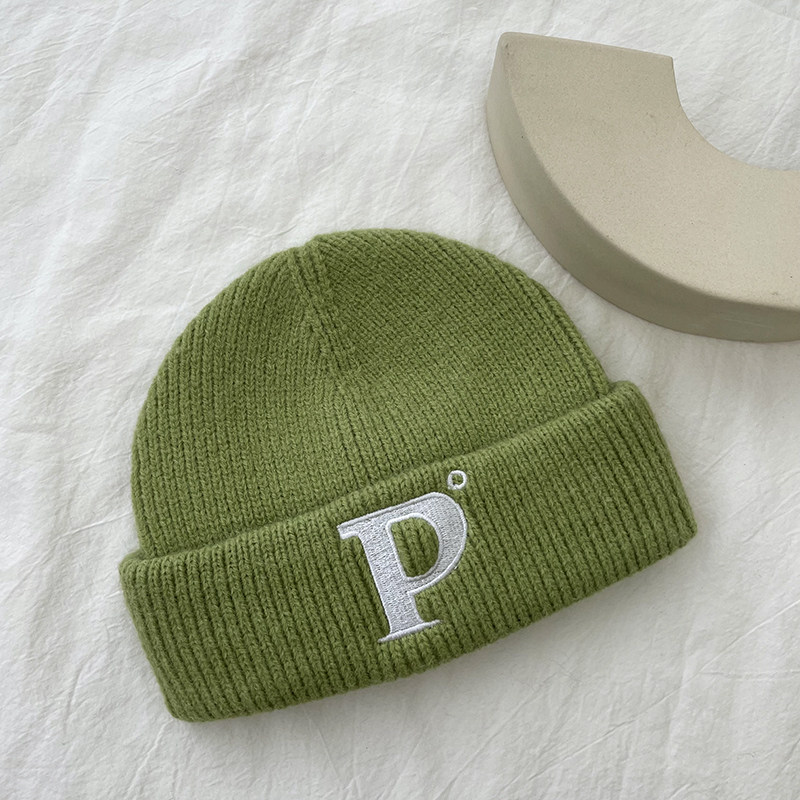 碧梨帽子绿色系针织毛线帽休闲绿圆顶字母百搭学生个性潮套头帽冷