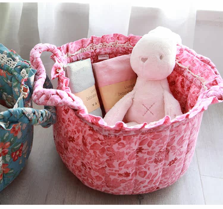 韩式纯棉布艺蕾丝收纳筐外贸纯棉可水洗可折叠手提收纳篮子杂物筐
