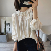 Japanese sweet retro embroidery lace cotton shirt womens autumn Korean age-reducing single-breasted long-sleeved doll shirt