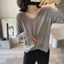 Large elastic drape v-neck long-sleeved t-shirt womens 2022 autumn loose thin soft and waxy all-match solid color bottoming shirt top