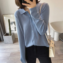 Polo lapel long-sleeved fine wool knitted sweater womens early autumn new simple and versatile thin single-breasted long-sleeved top