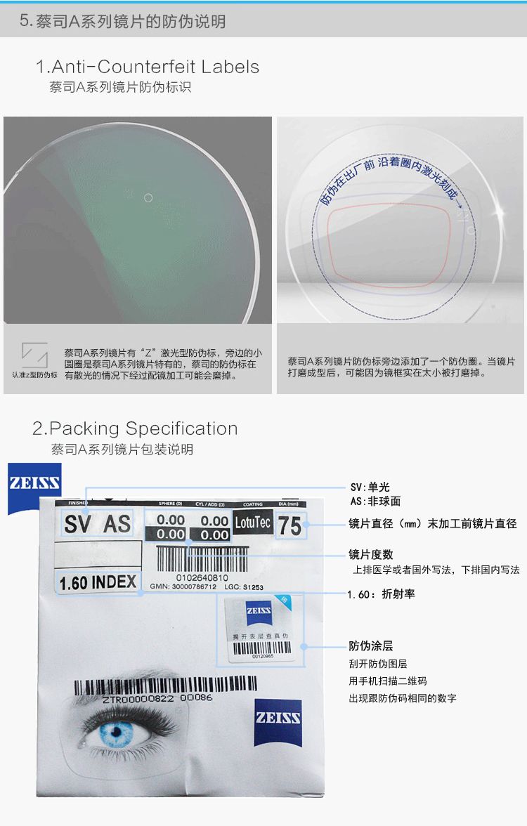 德国蔡司a系列1.50球面1.56 1.60 1.67 1.74非球莲花膜近视眼镜片
