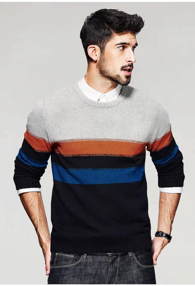【清仓】男士圆领套头毛衣 男撞色条纹针织衫 时尚毛衫16941