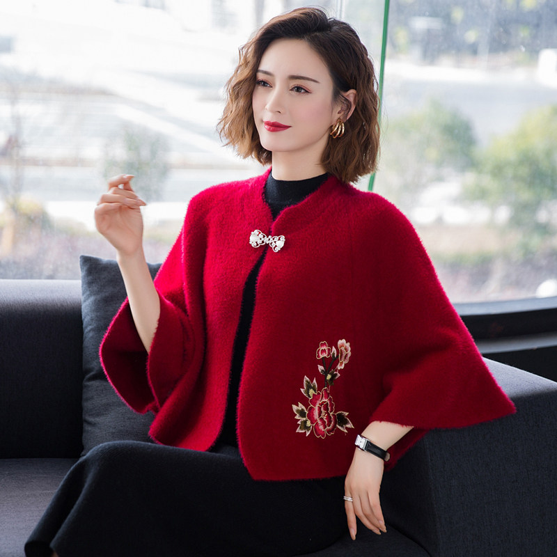 秋冬水貂绒配旗袍礼服披肩斗篷女士妈妈优雅高贵短款红色外套外搭