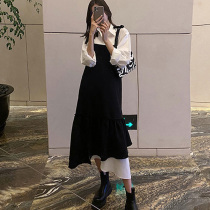 Maternity suit 2021 autumn new fashion loose net red medium long suspender dress shirt two-piece set