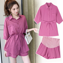 Gestational Maternity 2021 Summer Lactation Suit Han Edition Design Sense Lacing Shirt Toabdominal Broadleg Pants Two Sets